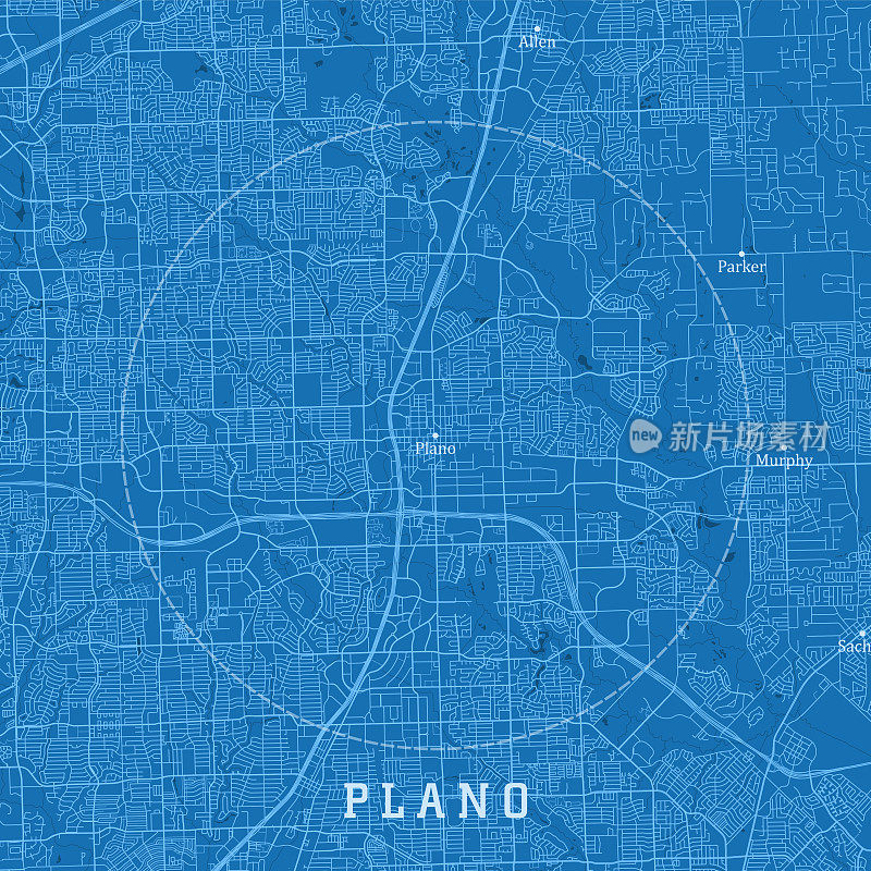 Plano TX城市矢量道路地图蓝色文本